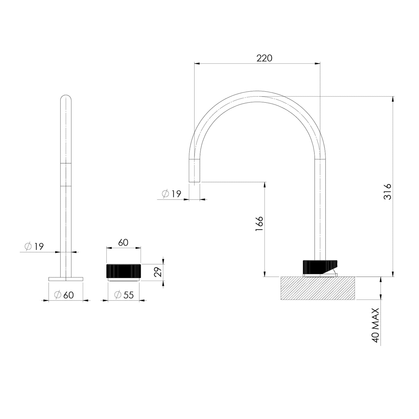 Axia Hob Sink Mixer Set 220mm Gooseneck