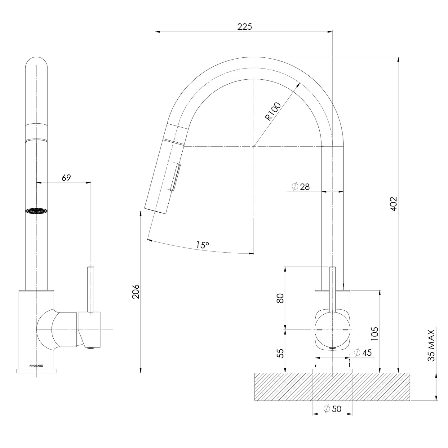 Pina Pull Out Sink Mixer 230mm