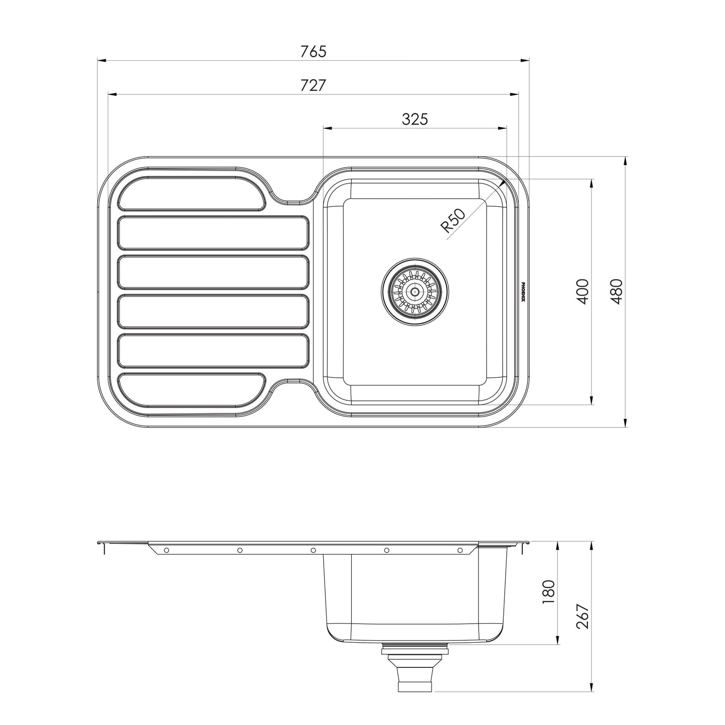 1000 Series Single Bowl Sink W/-Drainer No Hole