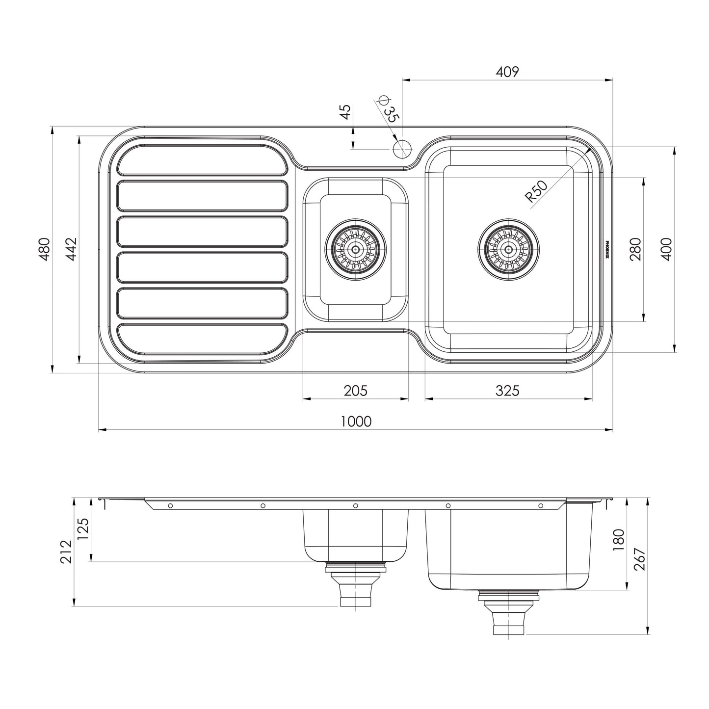 1000 Series 1-1/3 R/H Bowl Sink W/-Drainer W/-Hole