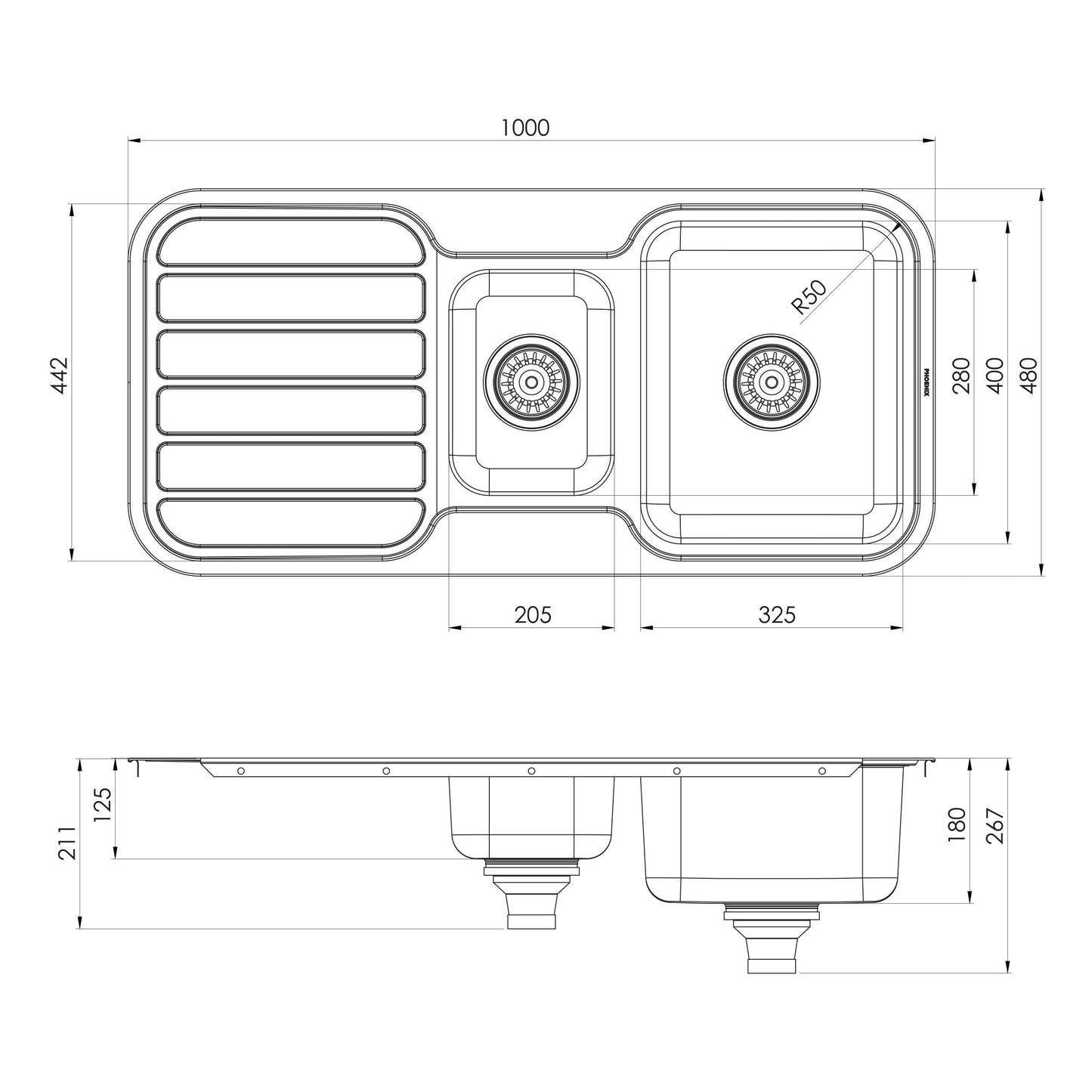 1000 Series 1-1/3 Bowl Sink W/-Drainer No Hole