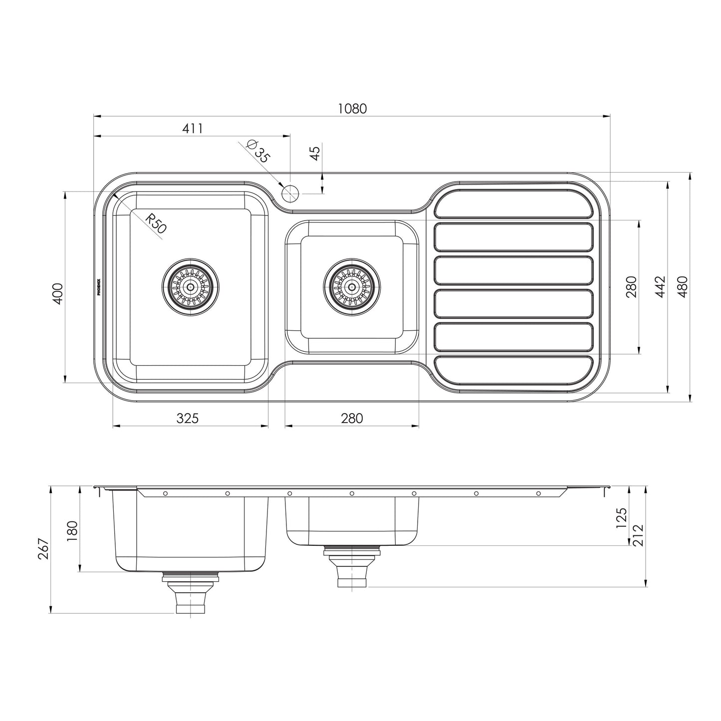 1000 Series 1-3/4 L/H Bowl Sink W/-Drainer W/-Hole