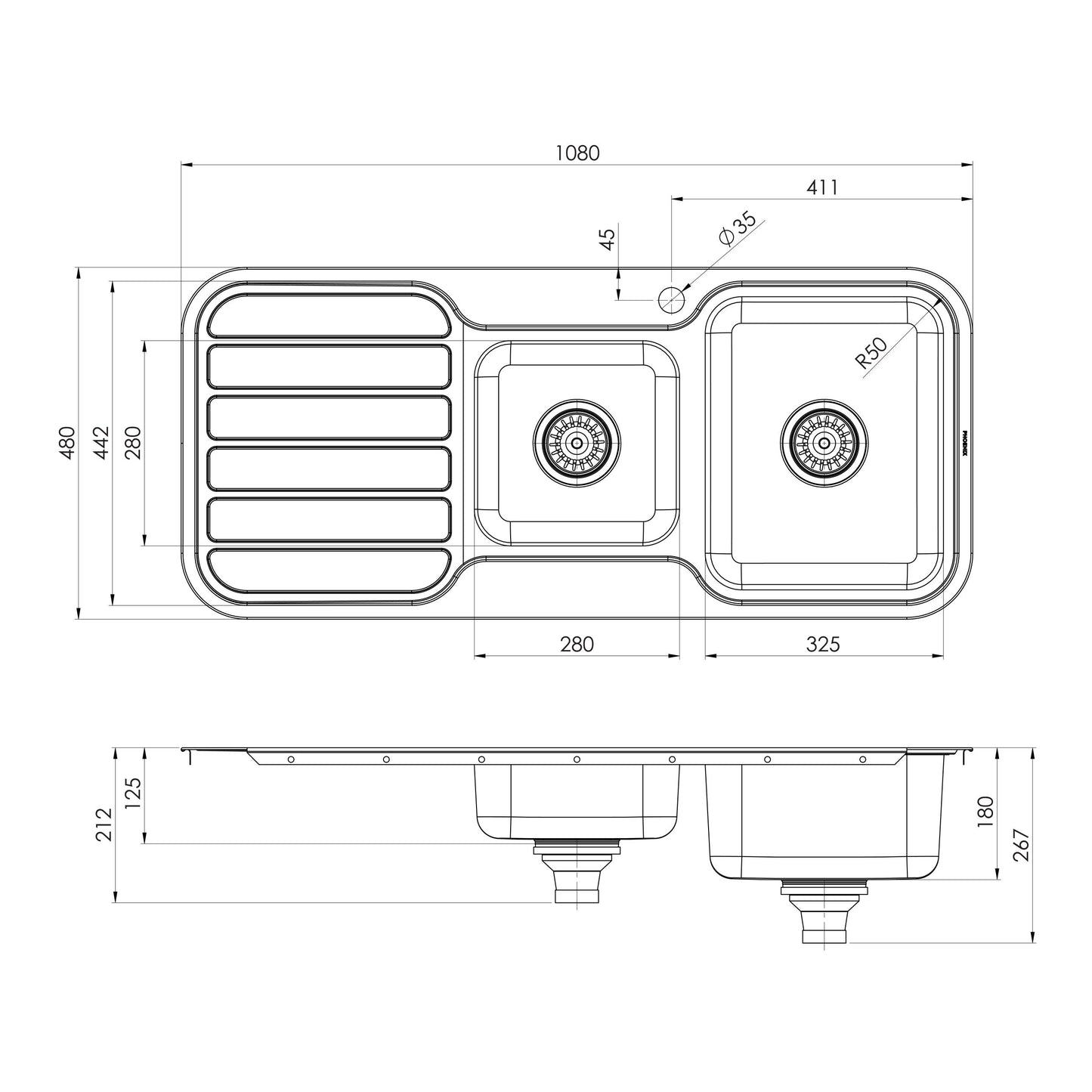 1000 Series 1-3/4 R/H Bowl Sink W/-Drainer W/-Hole