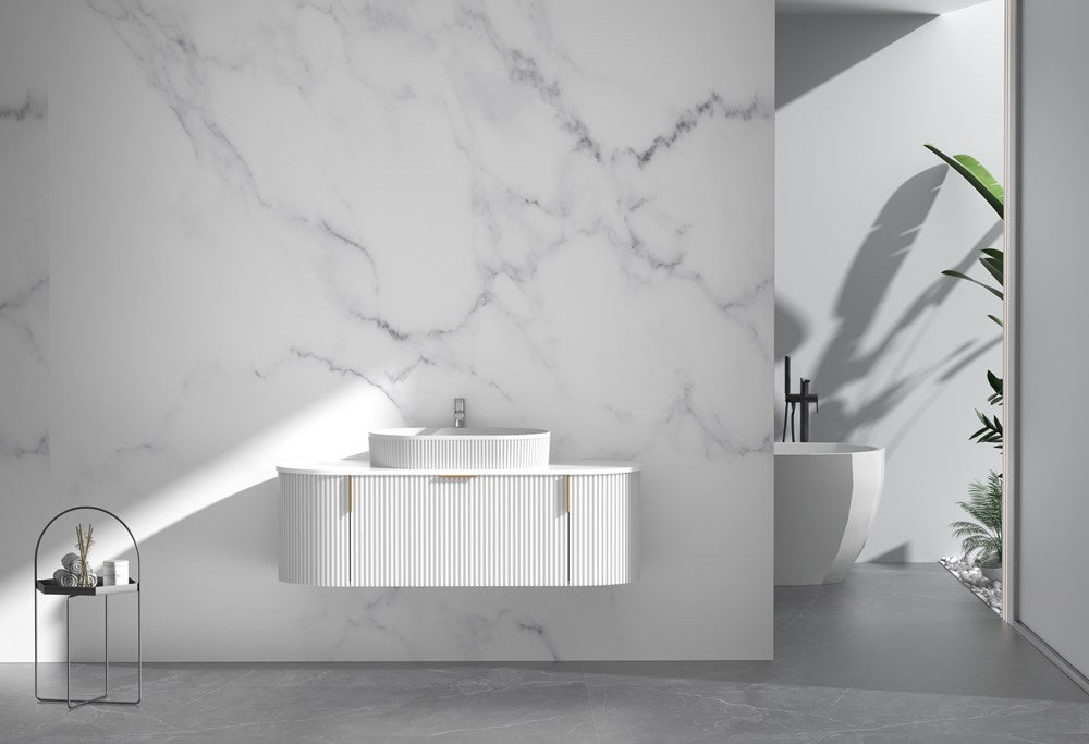 1200MM Carysil Opal Fluted Matte White Wall Hung Vanity (Stone Top and Brushed Gold Handle Included)