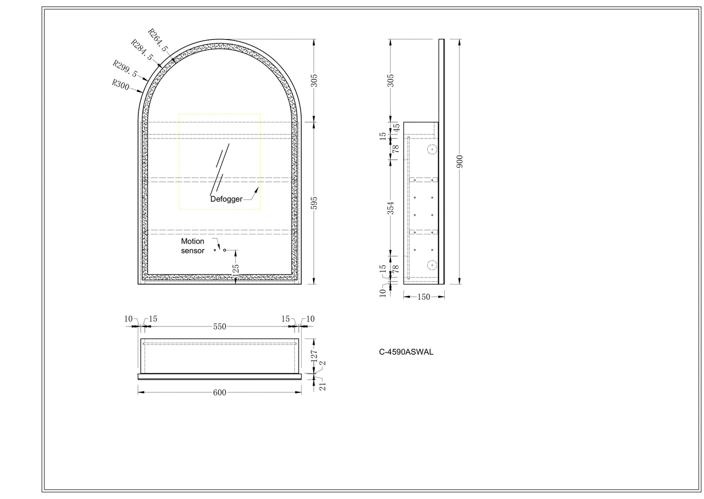 CARYSIL Imperial 600x900mm MATTE WHITE Arch LED Shaving Cabinet