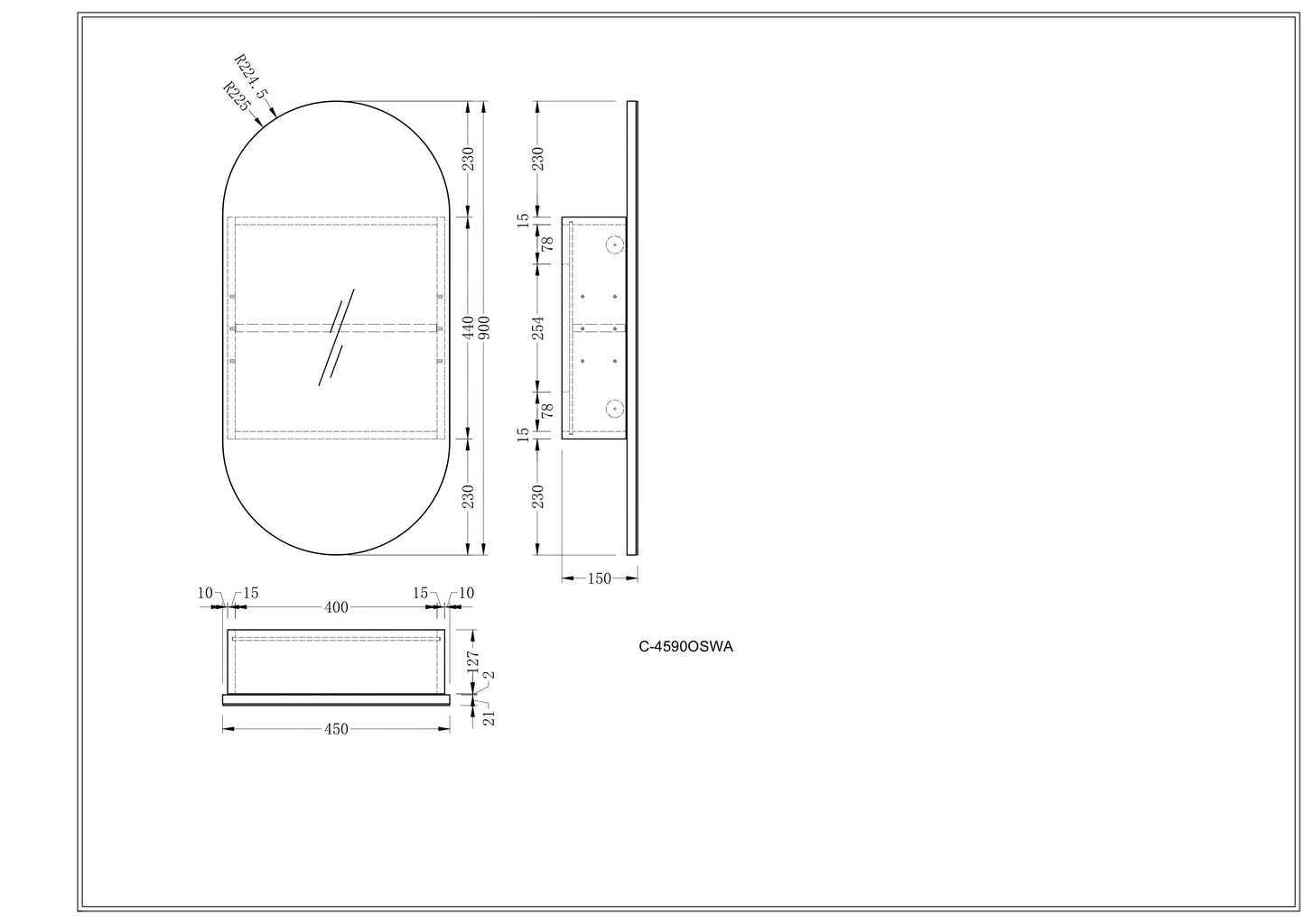 CARYSIL Noble 450x900mm WALNUT Oval Shaving Cabinet