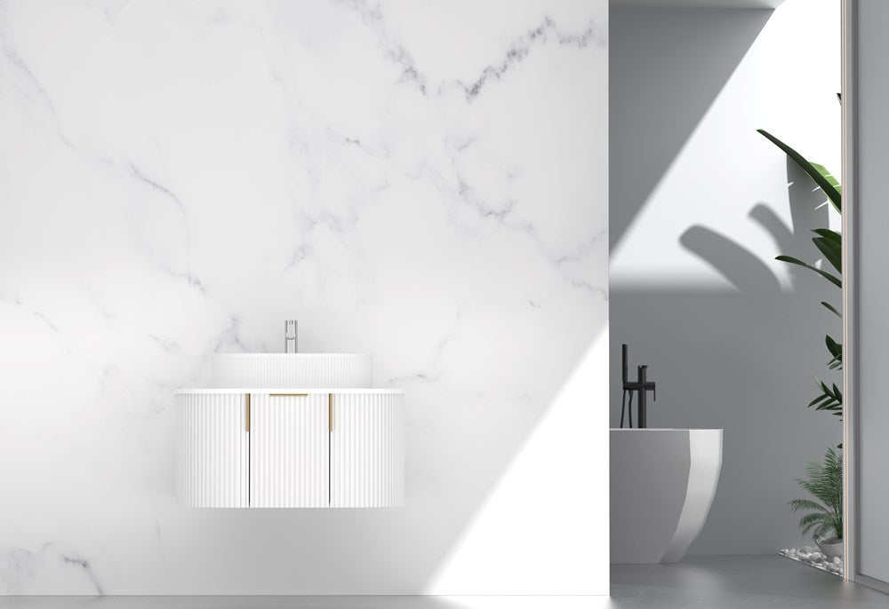 750MM Carysil Opal Fluted Matte White Wall Hung Vanities (Stone Top and Brushed Gold Handle Included)
