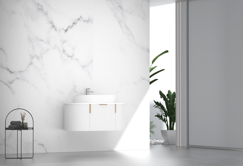 900MM Carysil Opal Fluted Matte White Wall Hung Vanity (Stone Top and Brushed Gold Handle Included)