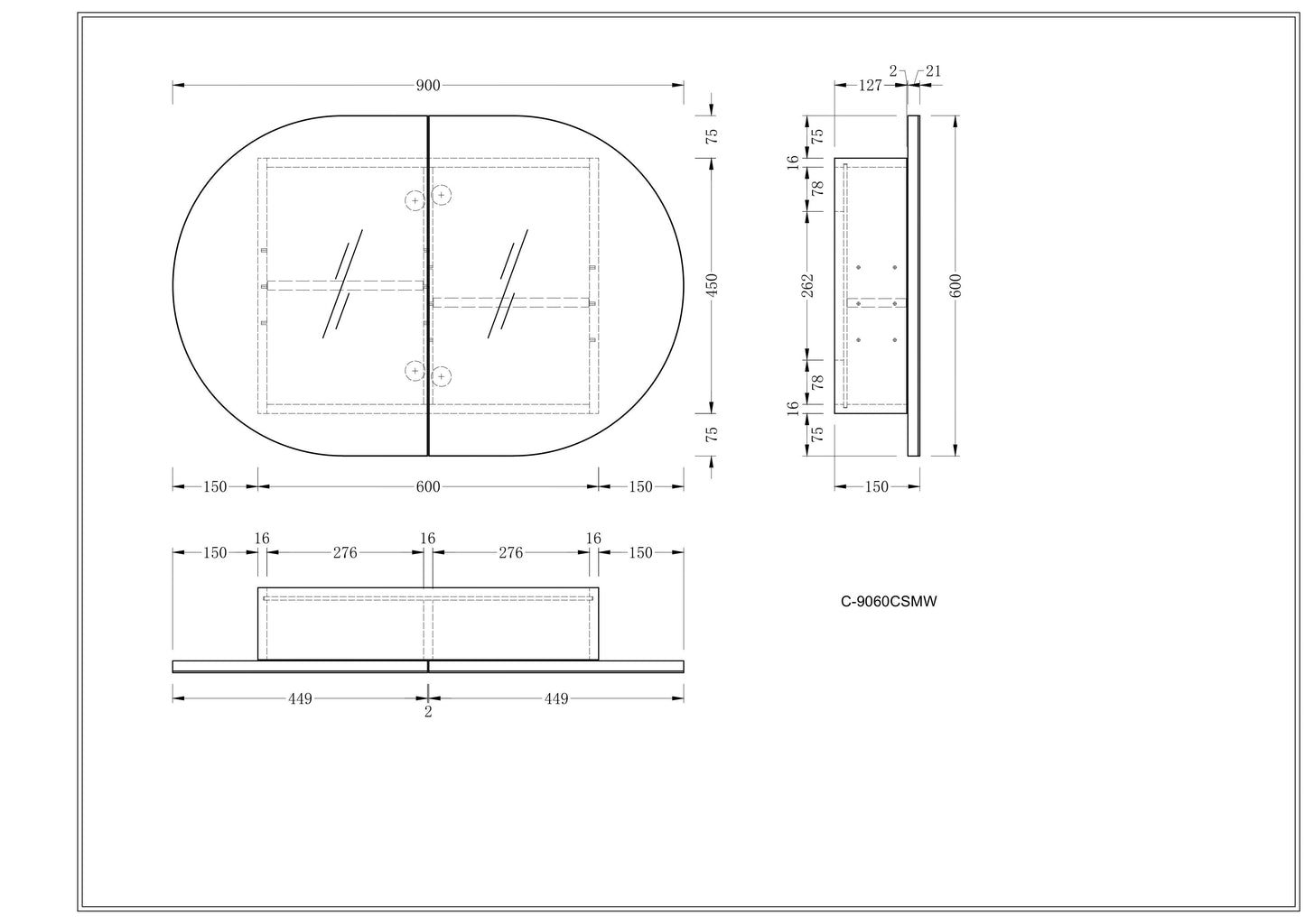 CARYSIL Mystic 900x600mm MATTE WHITE OVAL Shaving Cabinet