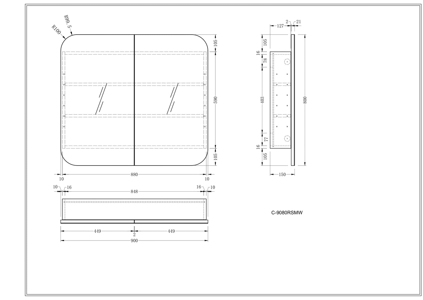 CARYSIL 900x800mm Grand Walnut LED Shaving Cabinet