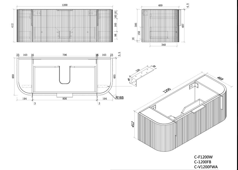Carysil Forma 1200MM Wall Hung Black Side Drawer Vanities