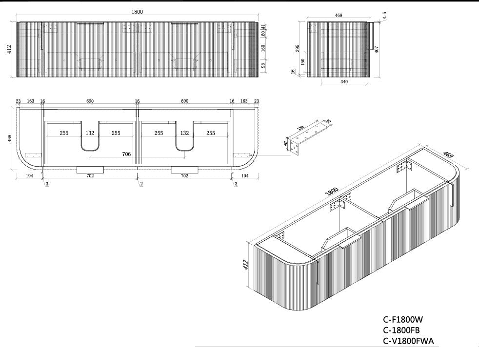 Carysil Forma 1800MM Wall Hung Black Side Drawer Vanities