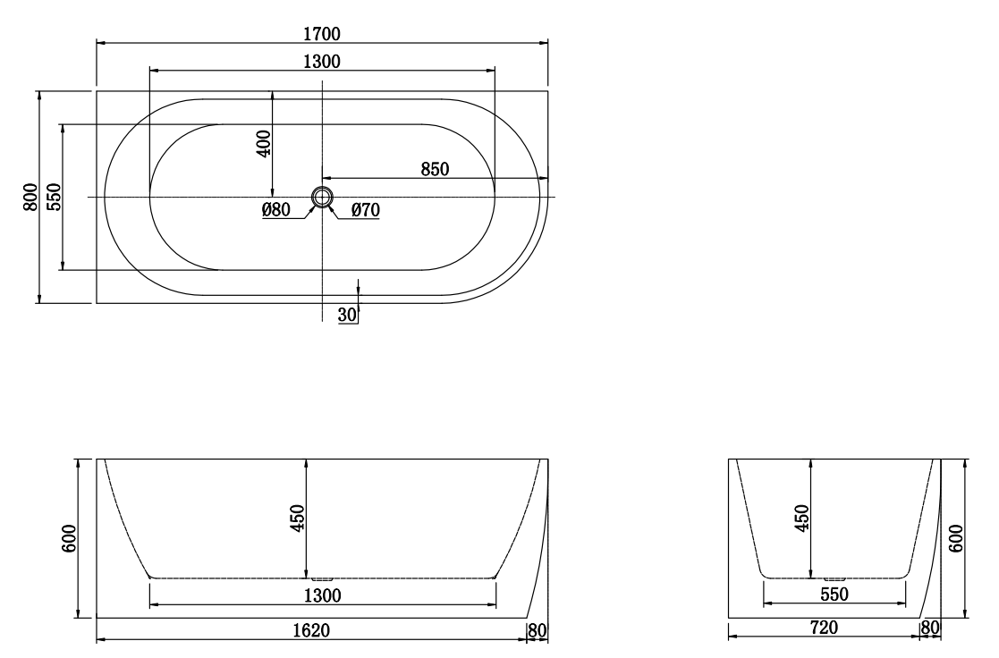1700x800x600mm Gina Fluted Left Corner