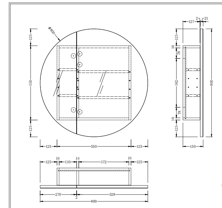 CARYSIL Orbit Series Round 800x800mm Matte White Shaving Cabinet