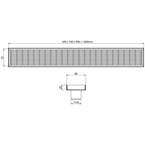 Phoenix Flat Channel Drain HG 75 x 600mm Outlet 45mm