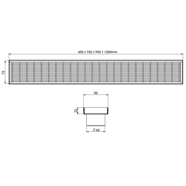 Phoenix Flat Channel Drain HG 75 x 600mm Outlet 65mm