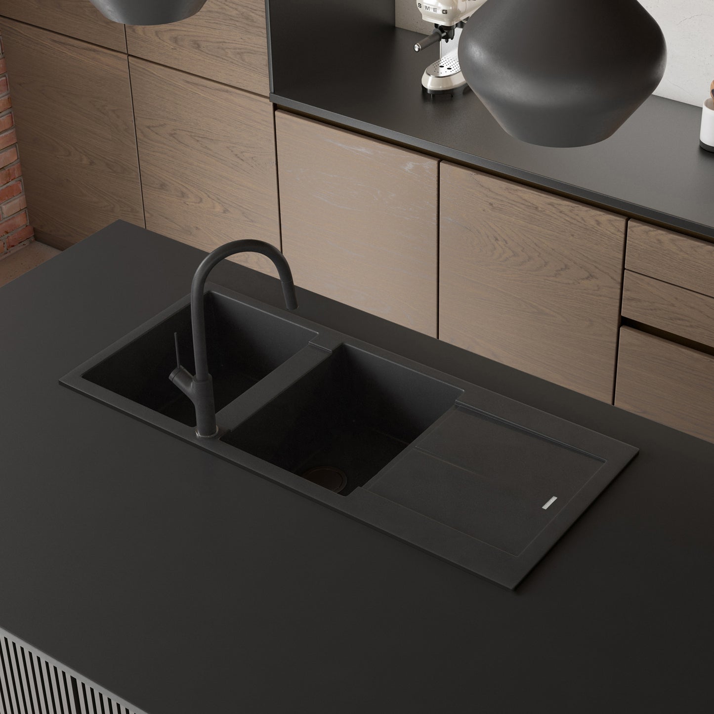 Santorini Black Double Bowl Topmount Sink With Drainer