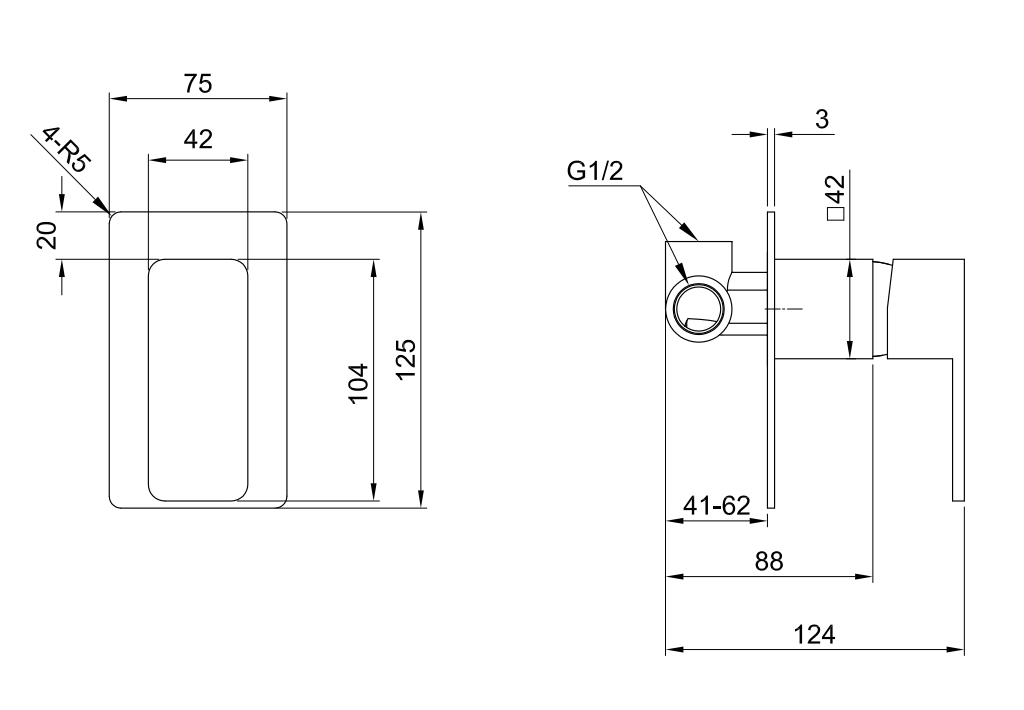 Solace Shower Wall Mixer specification drawing with dimensions