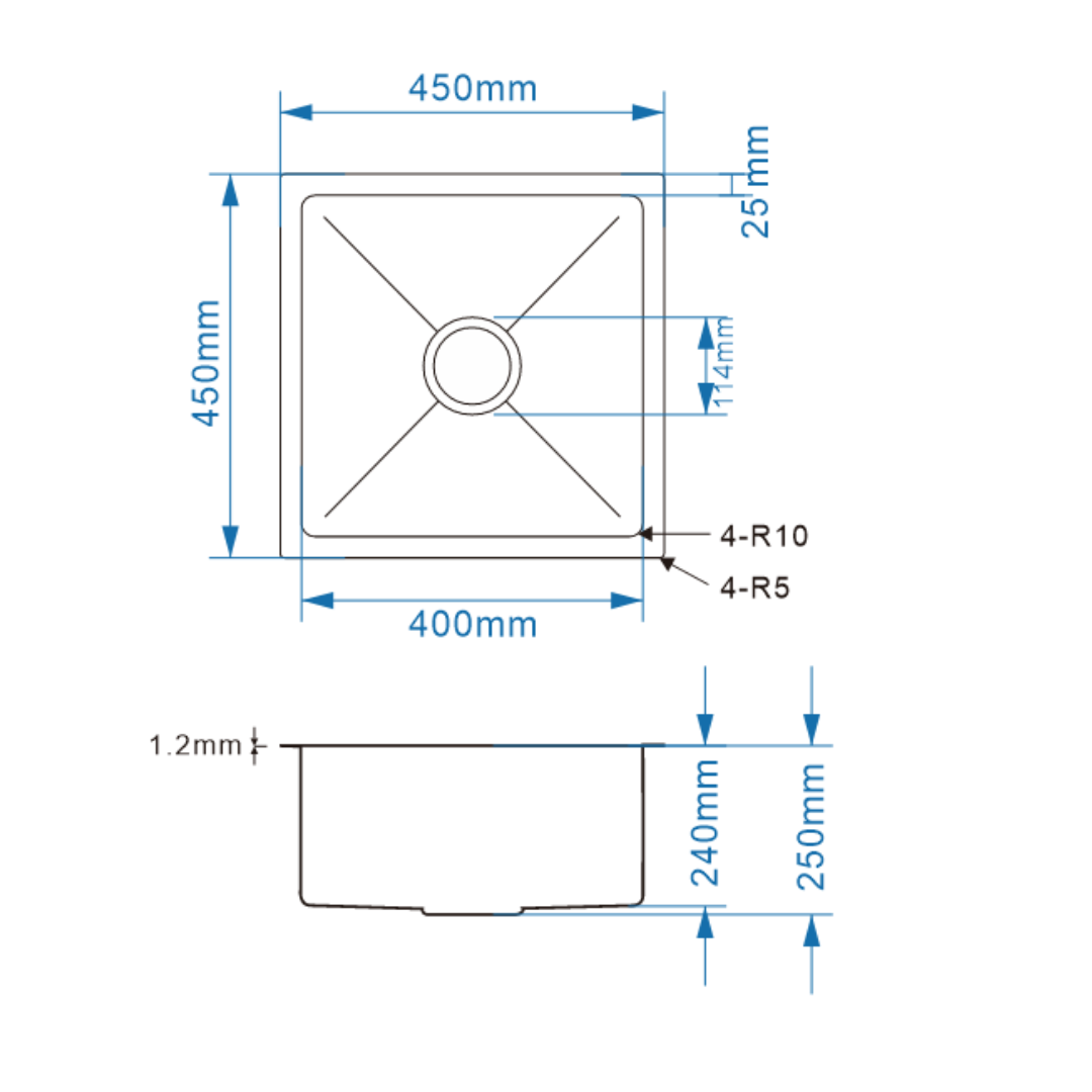 Avenor Handmade Single Bowl Kitchen Sink 450x450mm specification drawing with dimensions