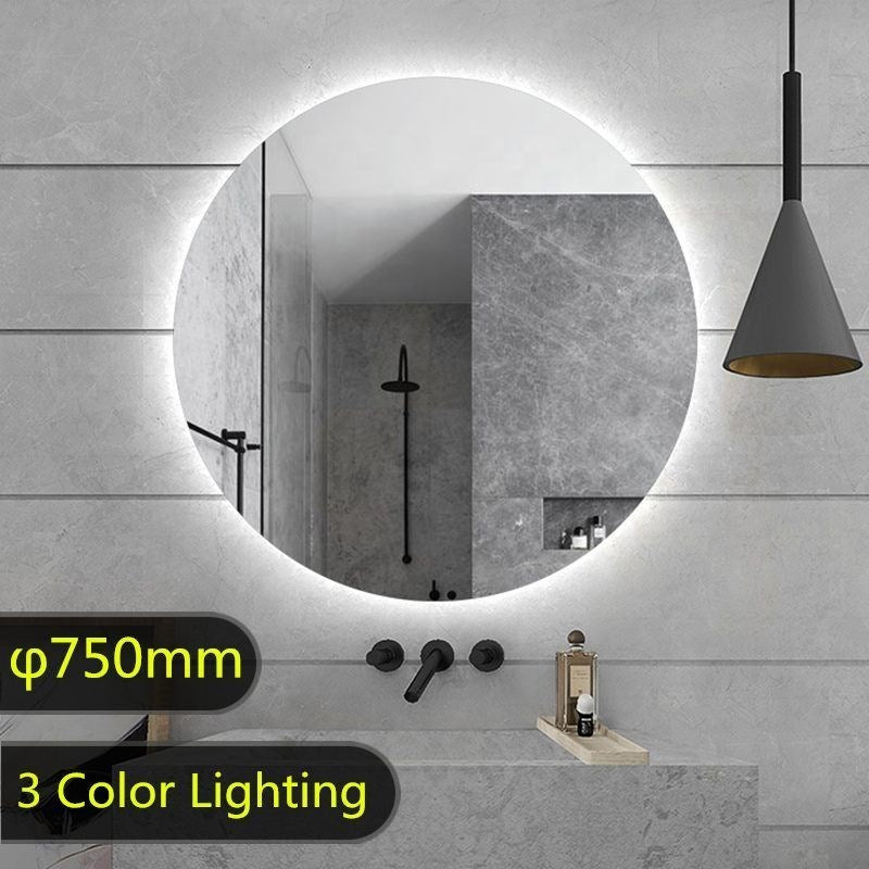 750mm Round Plain LED Mirror 3 Color Lighting Touch Sensor Switch Defogger Pad Wall Mounted Acrylic Mirror Back Lighting