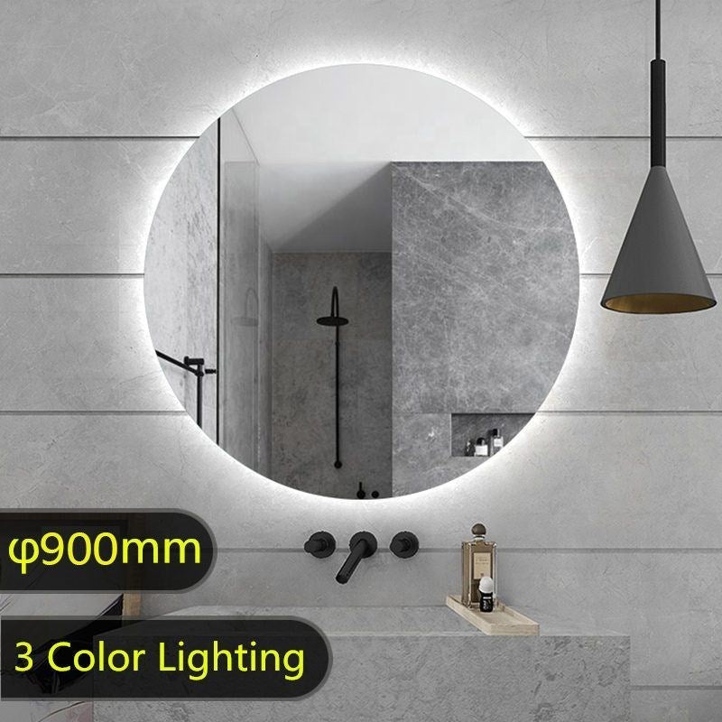 900mm Round Plain LED Mirror 3 Color Lighting Touch Sensor Switch Defogger Pad Wall Mounted Acrylic Mirror Back