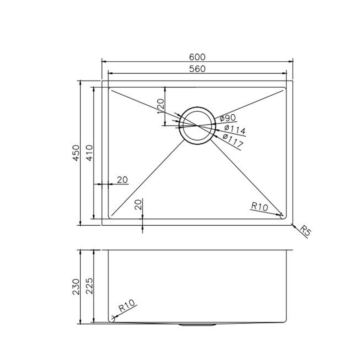 Satin - Gun Metal Grey 600x450x230mm Satin Stainless Steel Handmade Single Bowl Sink for Flush Mount and Undermount