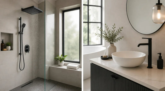 Modern bath and shower combo with black fixtures and minimalist bathroom design