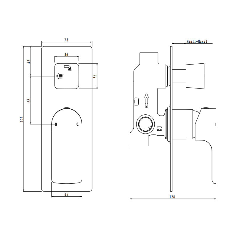VOG Series Black Wall Mixer with Diverter Trim Kit(match CLPD)