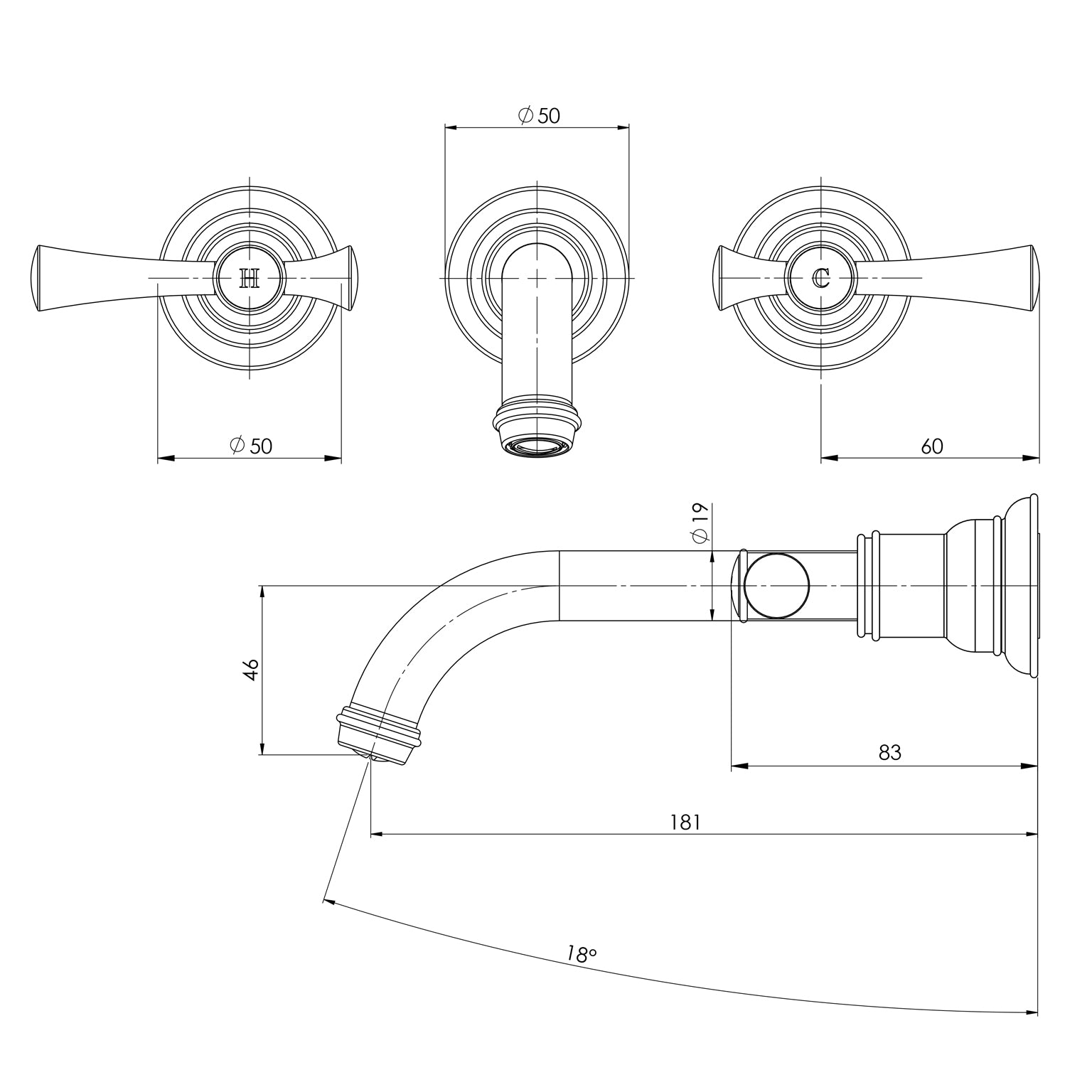 Cromford Wall Basin / Bath Tap Set