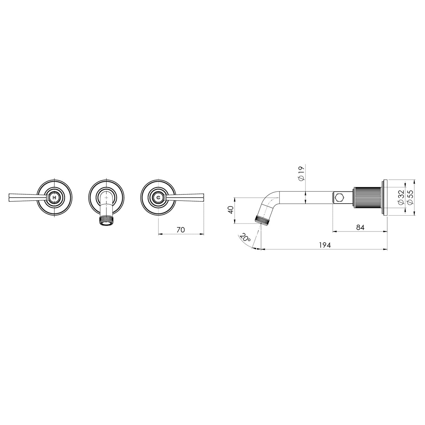 Wiltern Wall Basin / Bath Tap Set 190mm