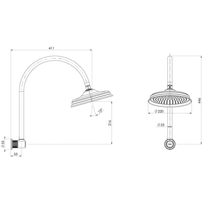 Wiltern High Rise Shower Arm & Rose