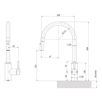 Vivid MKII Pull Out Sink Mixer 240mm Gooseneck
