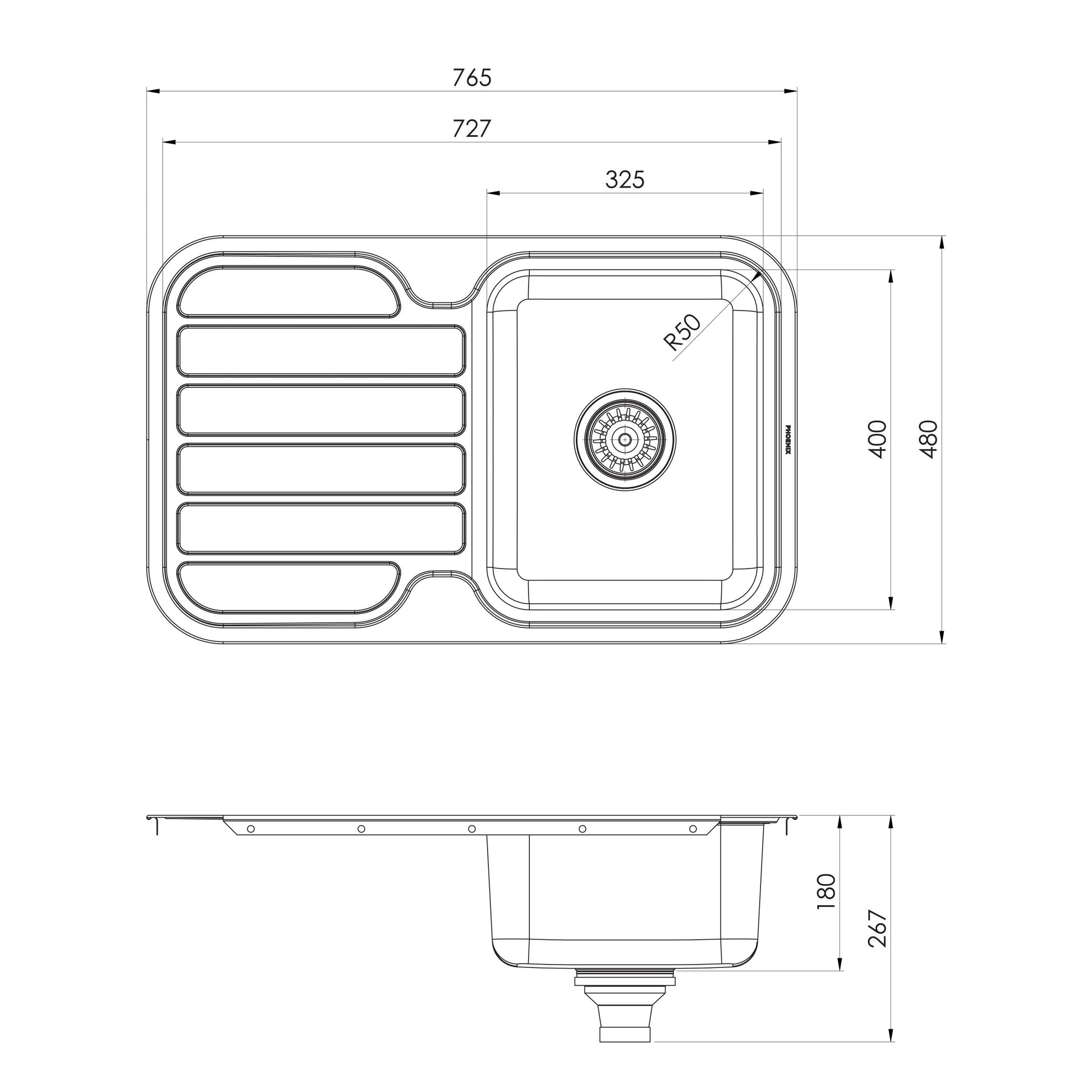 1000 Series Single Bowl Sink W/-Drainer No Hole