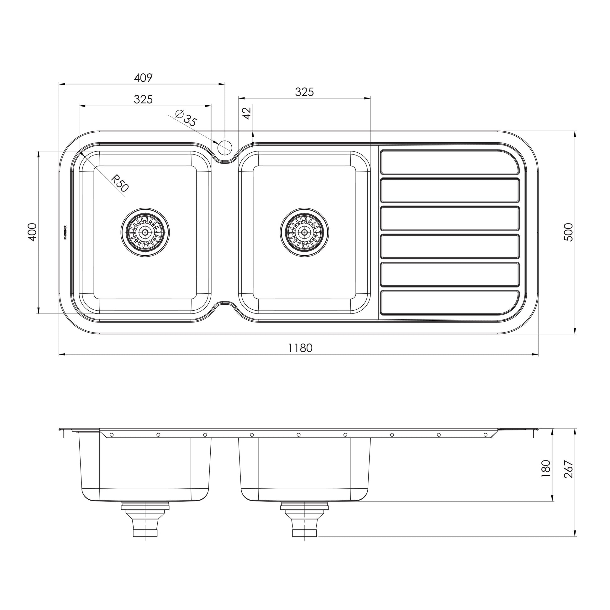 1000 Series Double L/H Bowl Sink W/-Drainer W/-Hole