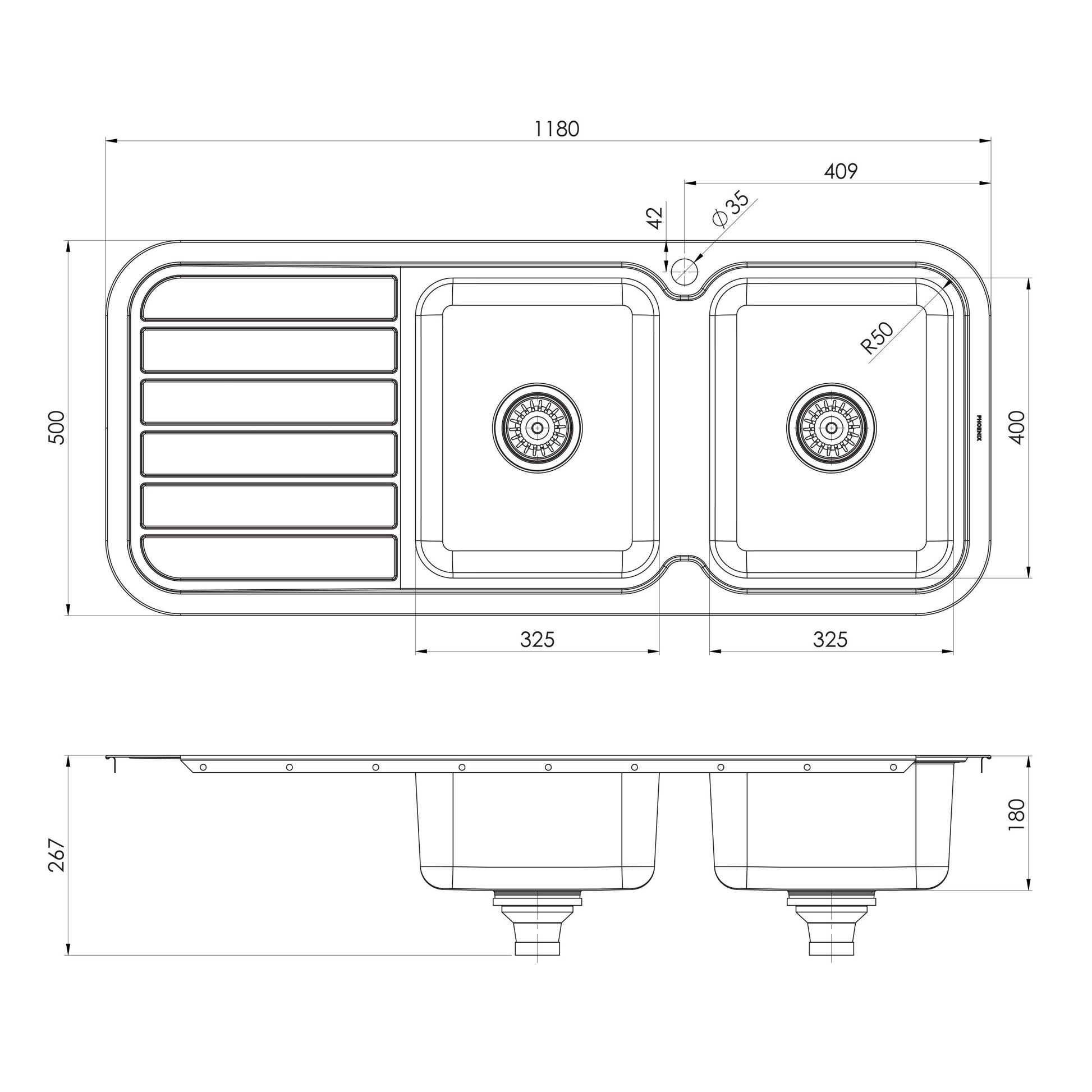 1000 Series Double R/H Bowl Sink W/-Drainer W/-Hole