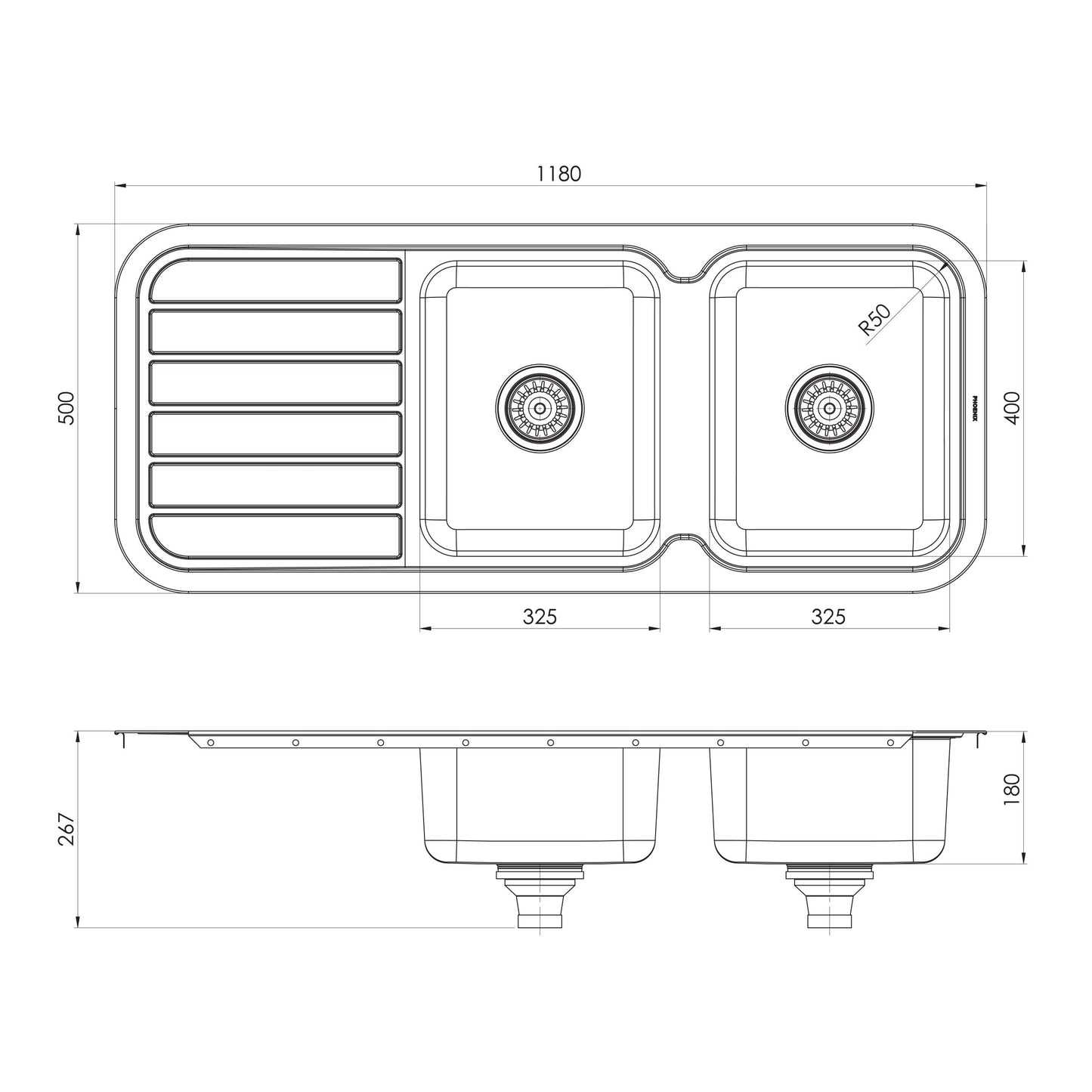 1000 Series Double Bowl Sink W/-Drainer No Hole