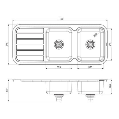 1000 Series Double Bowl Sink W/-Drainer No Hole
