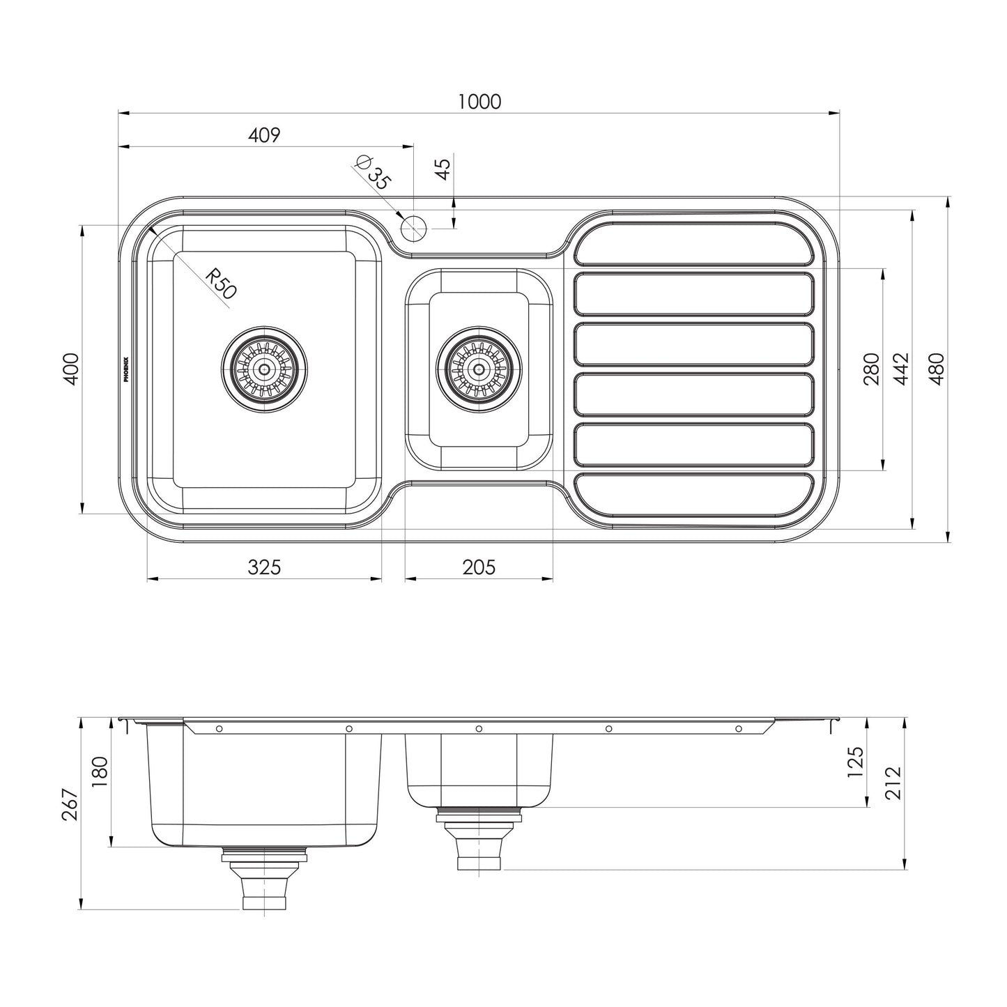 1000 Series 1-1/3 L/H Bowl Sink W/-Drainer W/-Hole