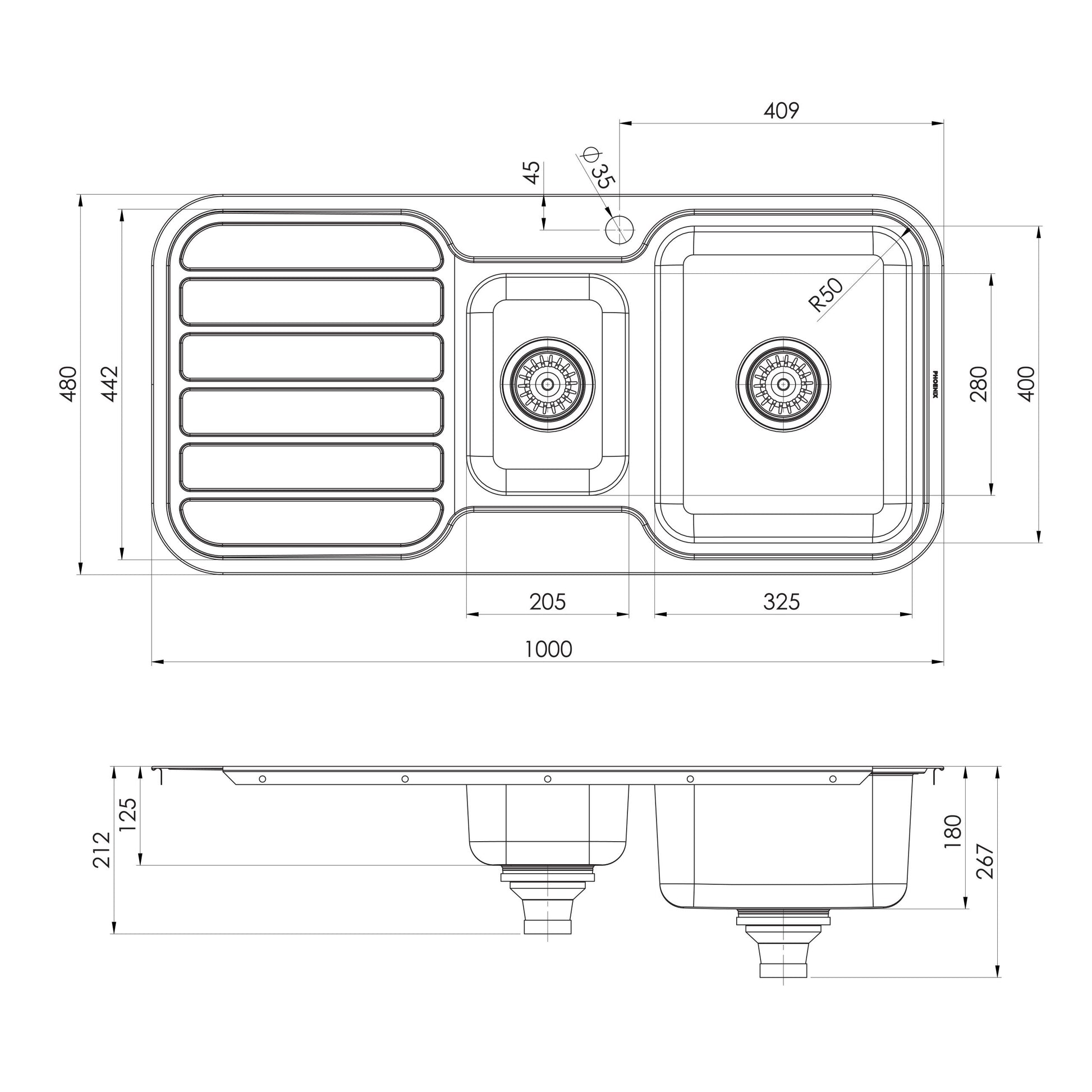 1000 Series 1-1/3 R/H Bowl Sink W/-Drainer W/-Hole