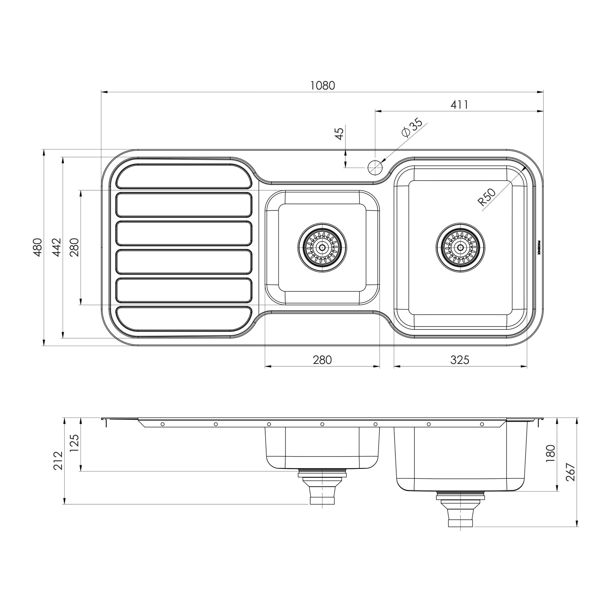 1000 Series 1-3/4 R/H Bowl Sink W/-Drainer W/-Hole