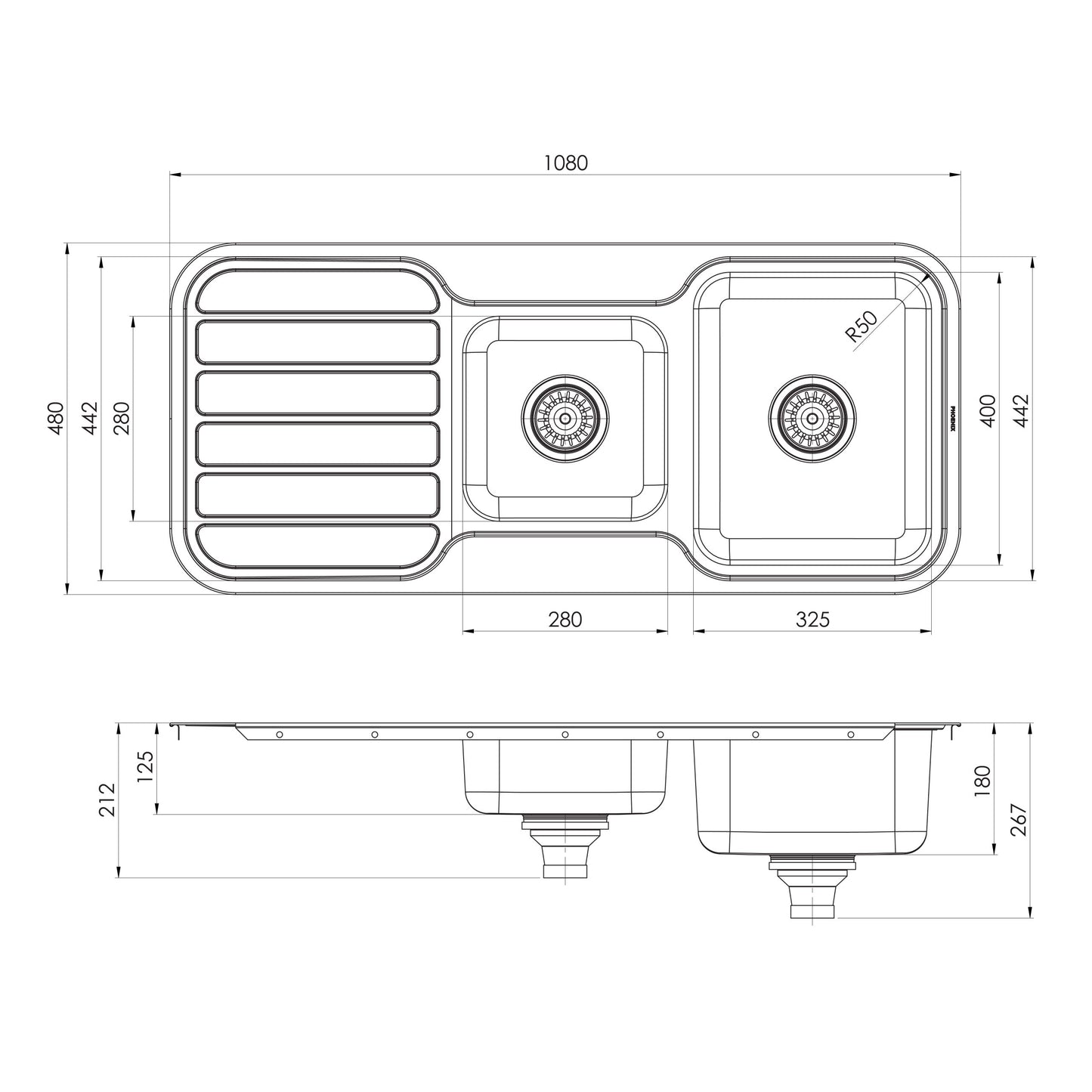 1000 Series 1-3/4 Bowl Sink W/-Drainer No Hole