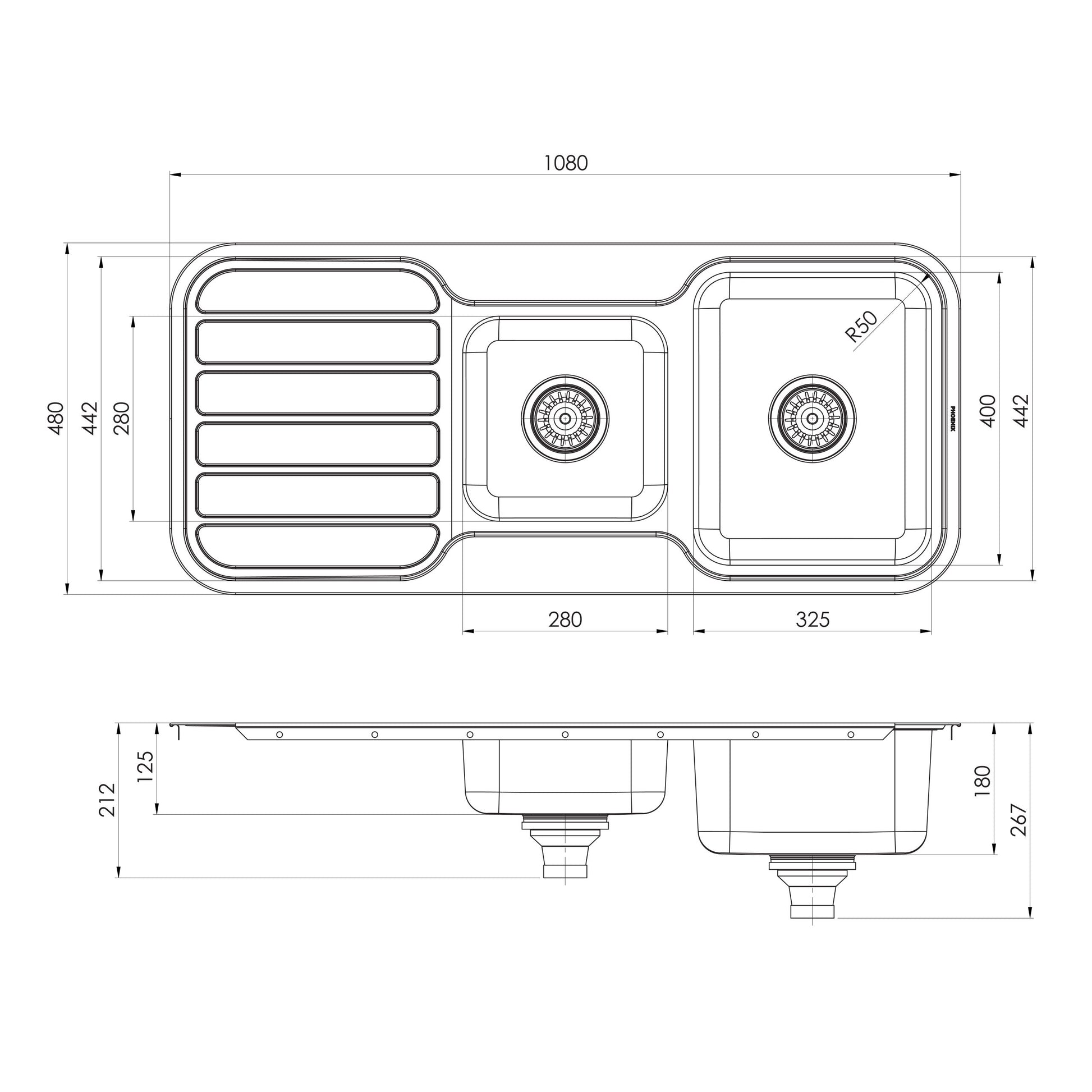 1000 Series 1-3/4 Bowl Sink W/-Drainer No Hole