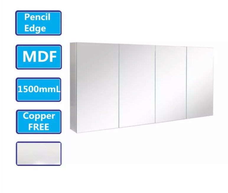 1500Lx720Hx150Dmm MDF Pencil Edge White Shaving Cabinet With Mirror Four Doors