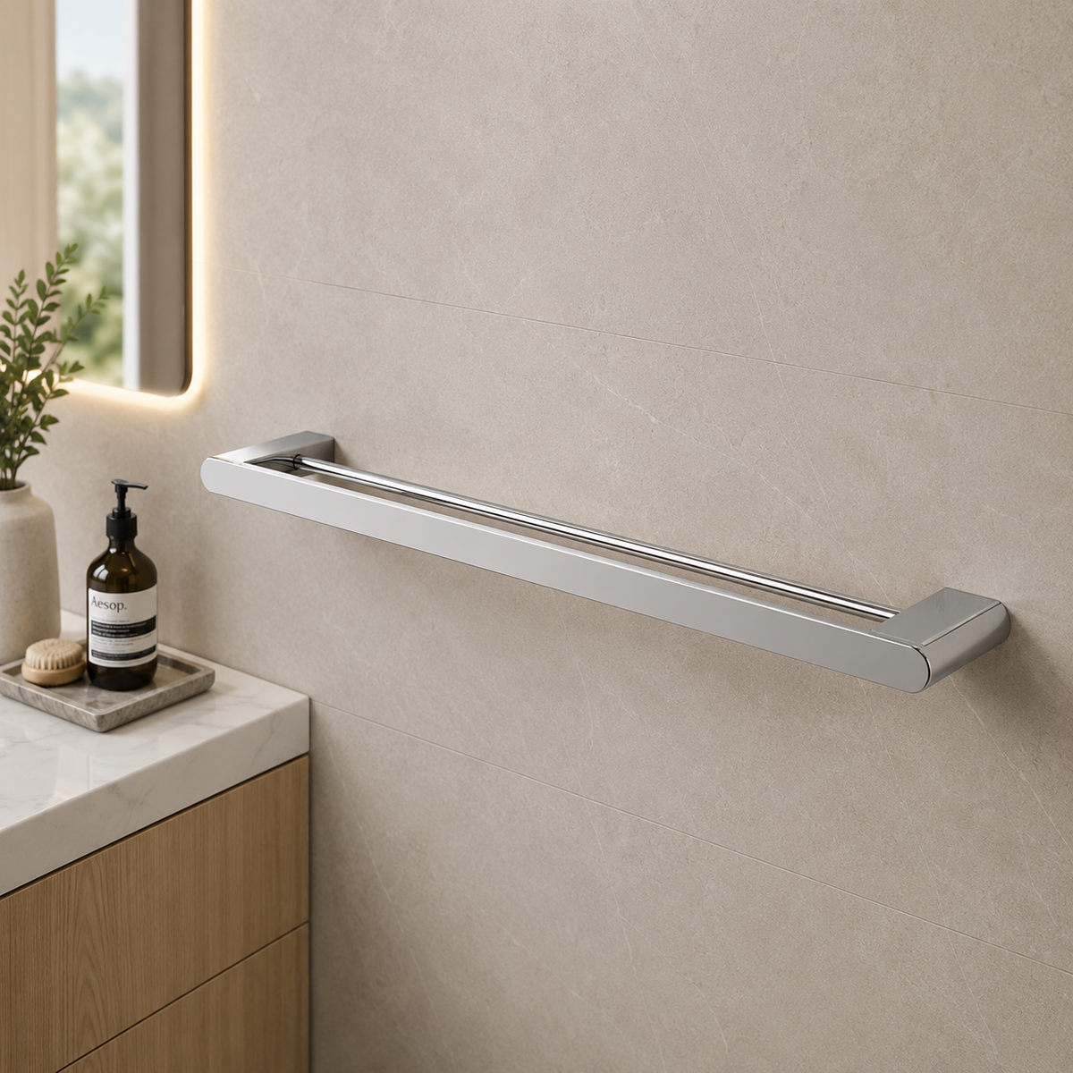 Luxen Double Towel Bar 600mm in Sterling Chrome, installed