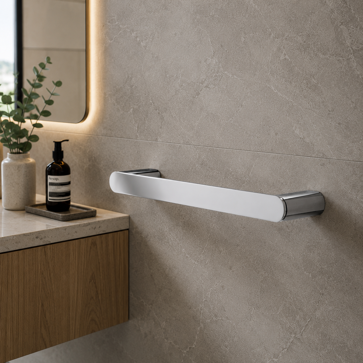 Luxen Towel Ring in Sterling Chrome, installed