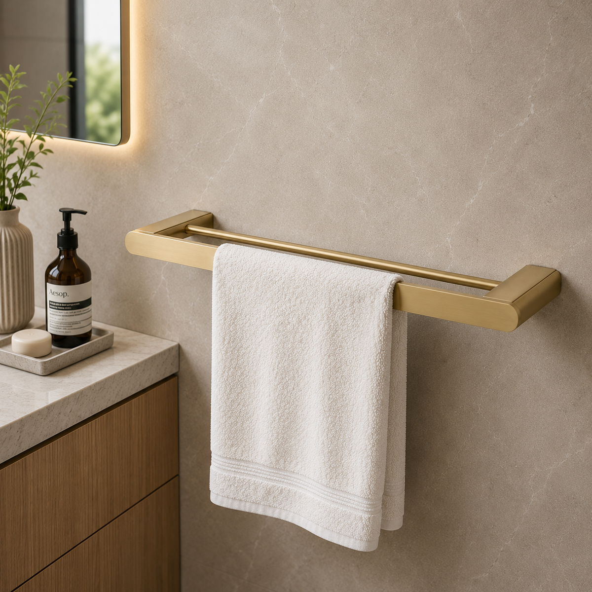Luxen Double Towel Bar 600mm in Brushed Aurum, installed