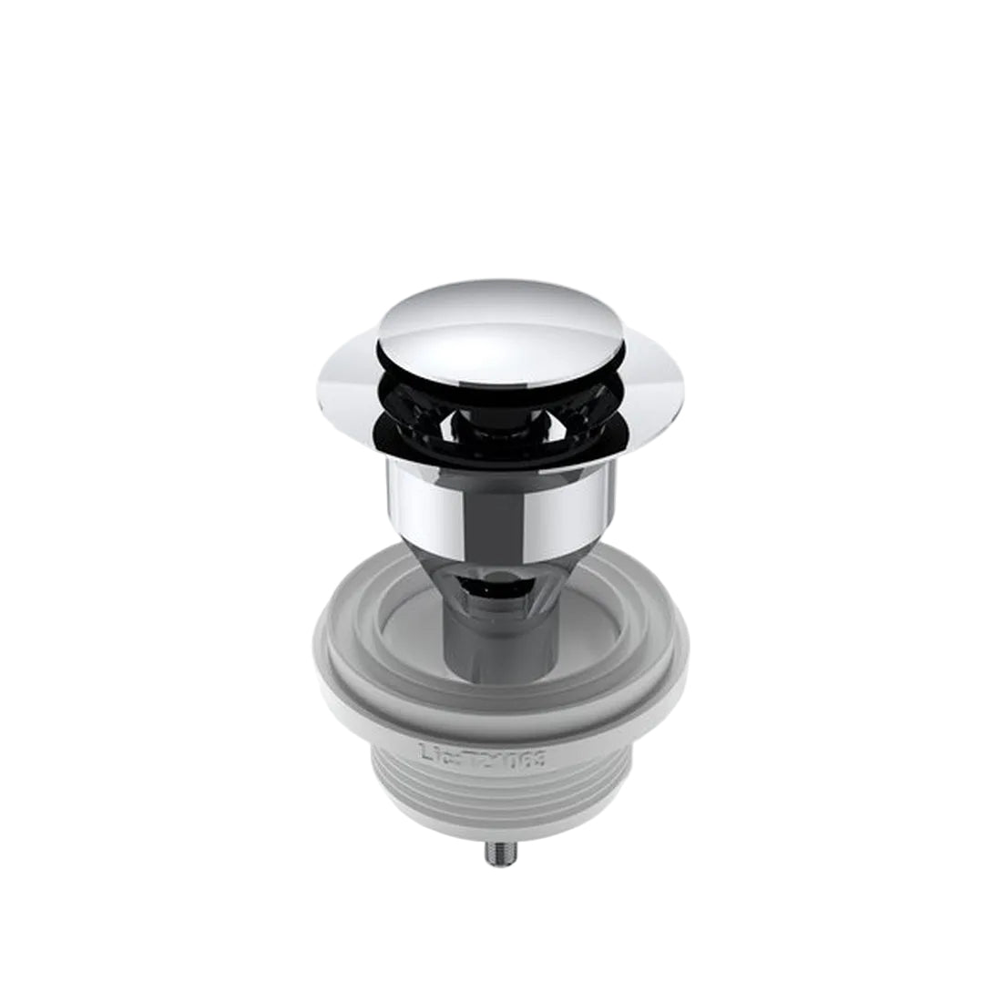 Chrome and gray basin drain plug on a white background