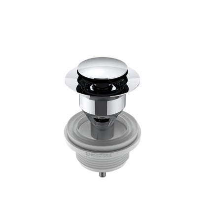 Chrome and gray basin drain plug on a white background
