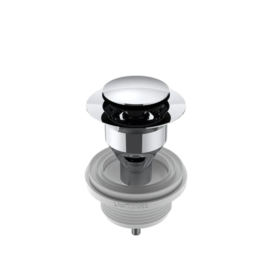 Chrome and gray basin drain plug on a white background