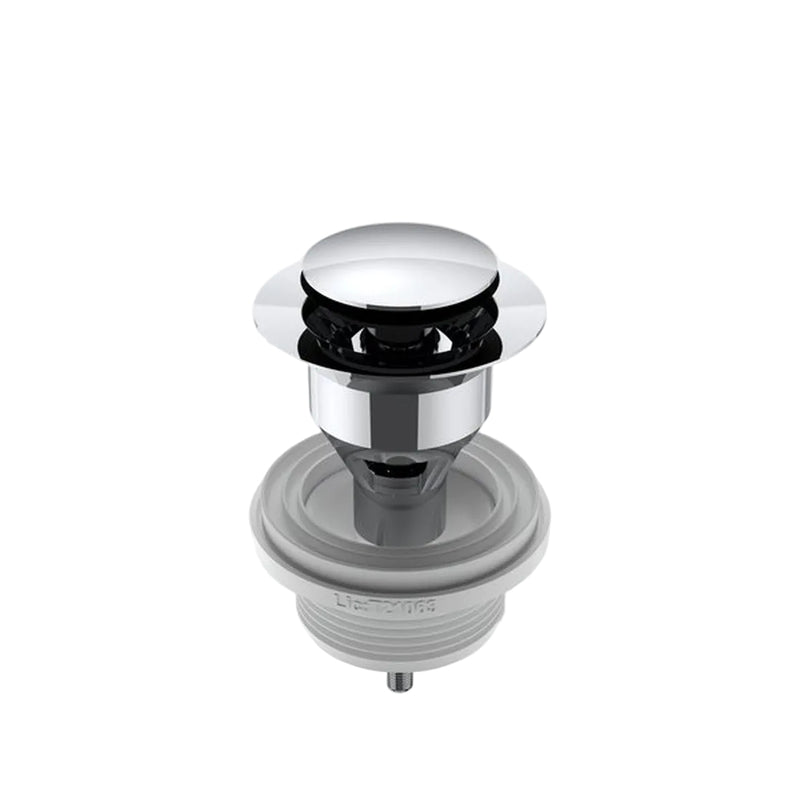Chrome and gray basin drain plug on a white background